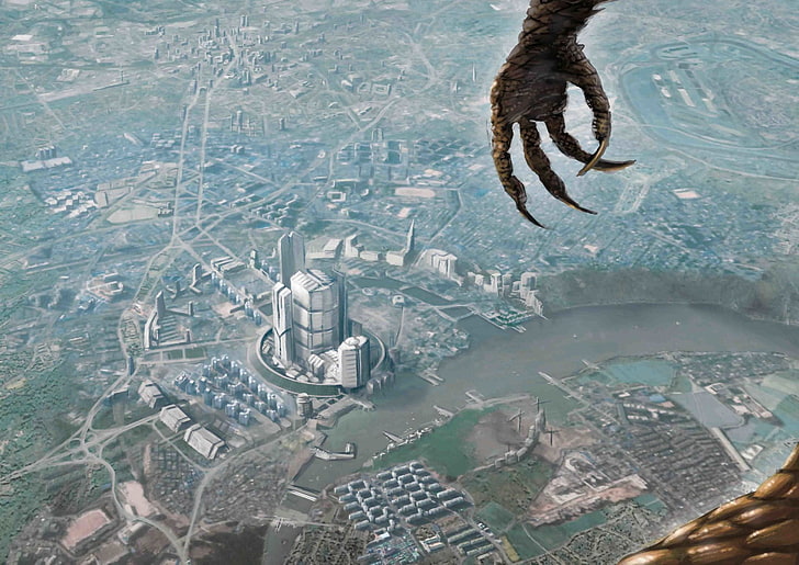game application screenshot, aerial view, cityscape, creature