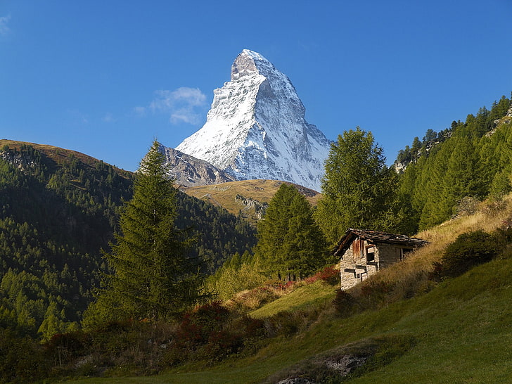 brown and white concrete house, Matterhorn, Alps, mountains, nature, HD wallpaper
