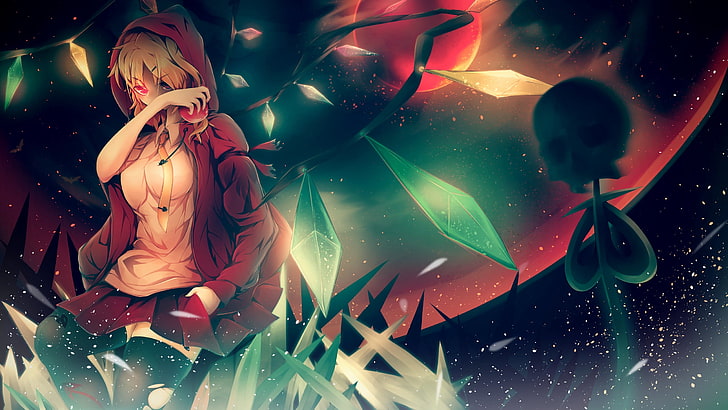 red moon illustration, blonde-haired female anime character digital wallpaper, HD wallpaper