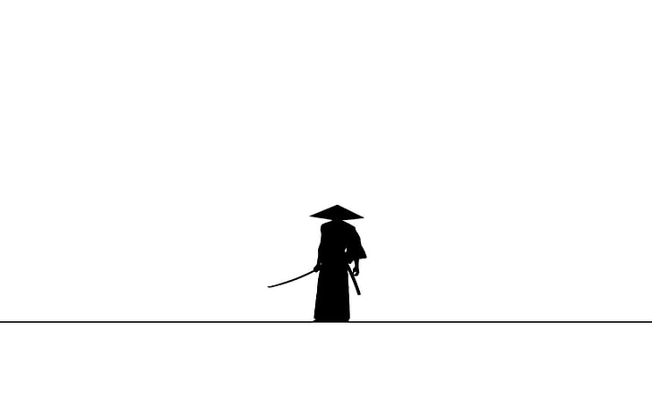 person holding sword illustration, samurai, minimalism, silhouette