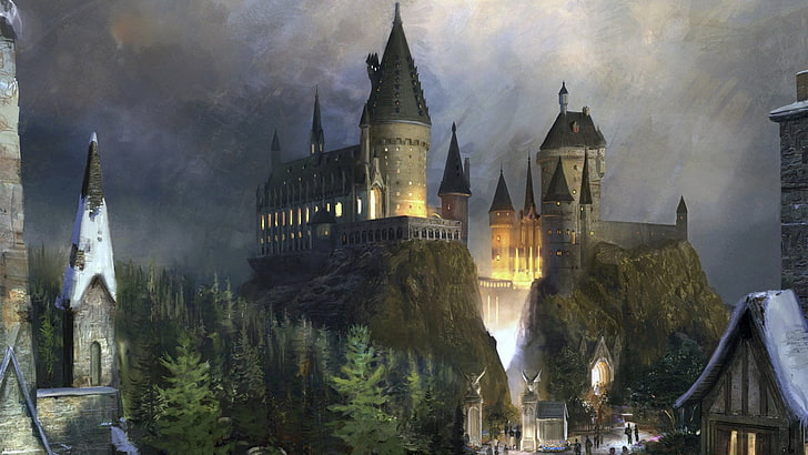 white concrete castle painting, Castles, Hogwarts Castle, built structure