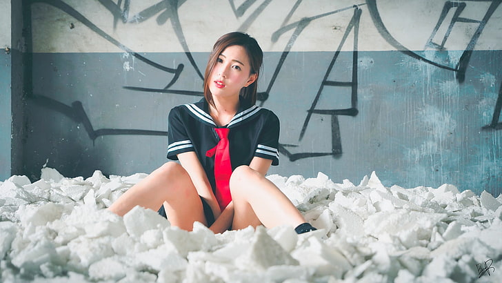school uniform, portrait, Asian, women, young adult, sitting, HD wallpaper