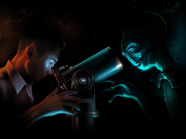 man looking at gray telescope with alien in front of him digital wallpaper, HD wallpaper