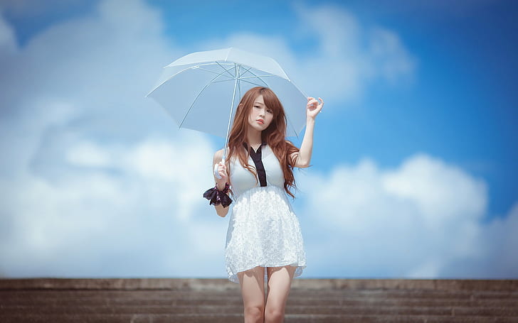 White dress Asian girl, umbrella, blue sky, brown haired girl carrying a white umbrella phtography