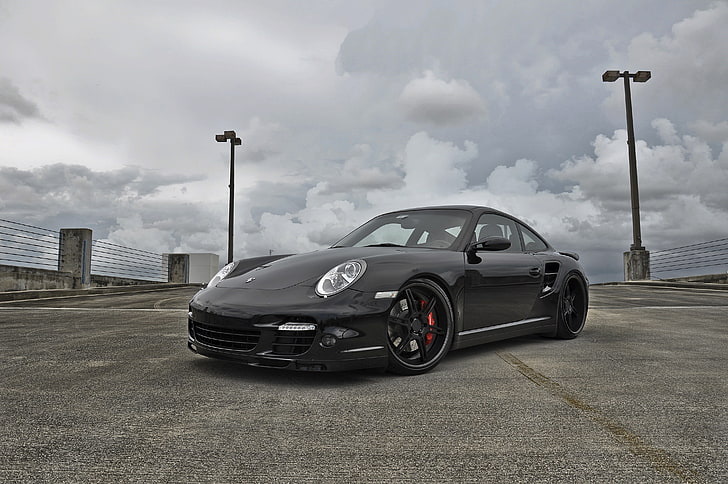 black Porsche 911 coupe, the sky, clouds, 997, lights, carerra, HD wallpaper