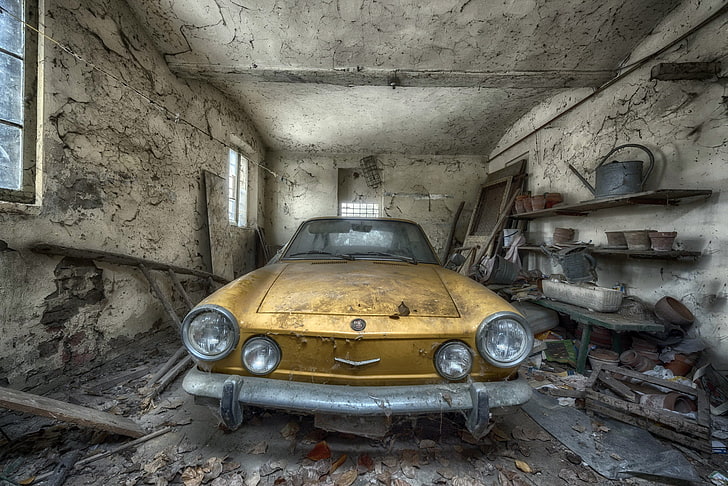 old, car, yellow cars, vehicle, FIAT, abandoned, motor vehicle