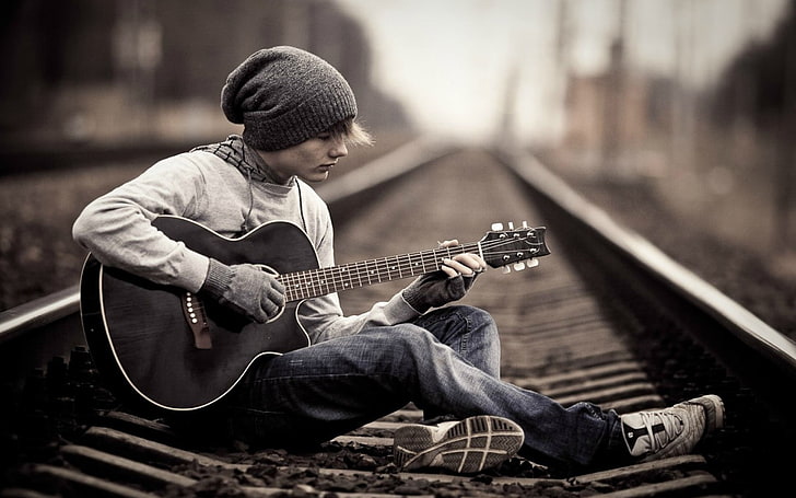 black and white jeans music alone trains guitars boys hats playing 1680x1050  Entertainment Music HD Art