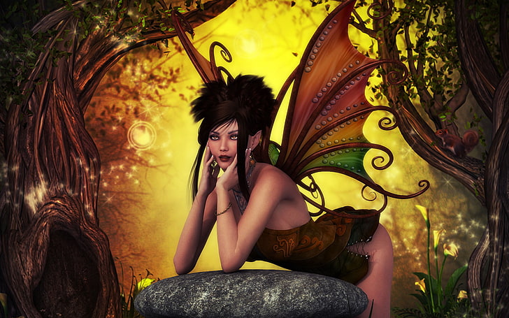 fairy illustration, forest, girl, stone, wings, fantasy, protein
