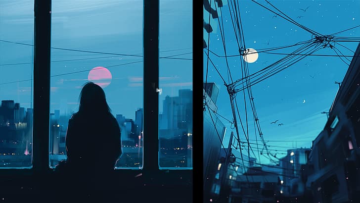 Aenami, city, wires, power lines, window, silhouette, building, HD wallpaper
