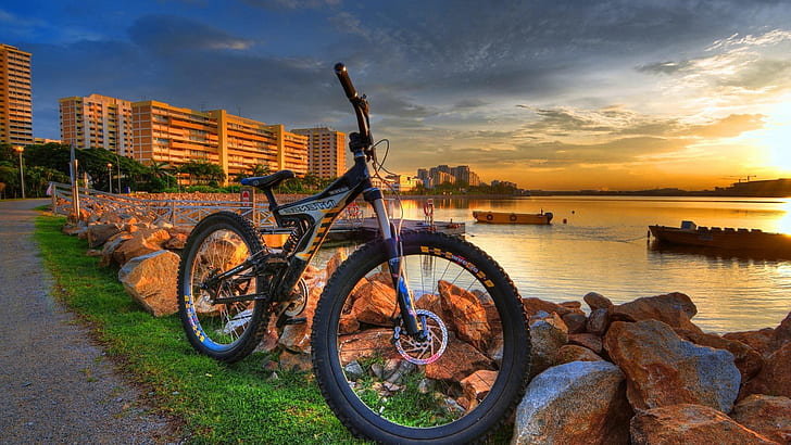 City, coast, bike, sunset, HD wallpaper
