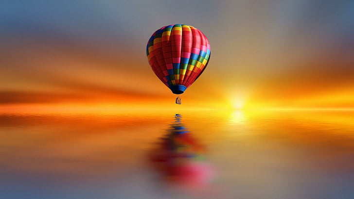 hot air balloons, sunset, water, sport, HD wallpaper