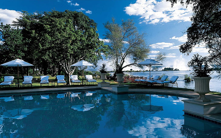 Royal, Livingston, pool, hotel, lake, white parasole and lounger, HD wallpaper