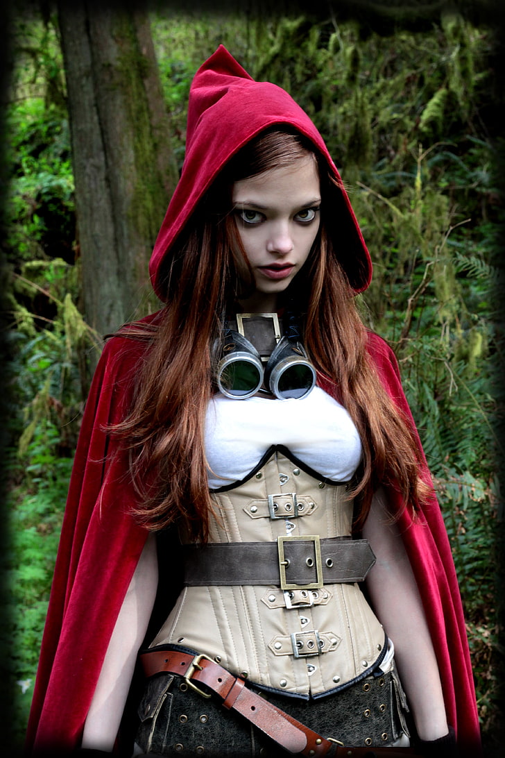 women's red cape screenshot, cosplay, steampunk, Little Red Riding Hood