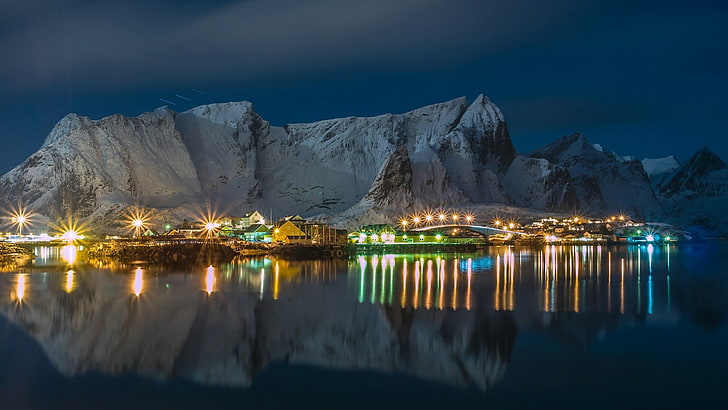 night, village, reinevagen, fishing village, norwegian sea, HD wallpaper