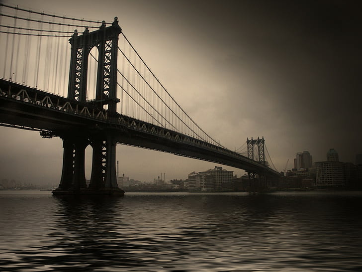 bridge, Manhattan Bridge, monochrome, city, river, HD wallpaper
