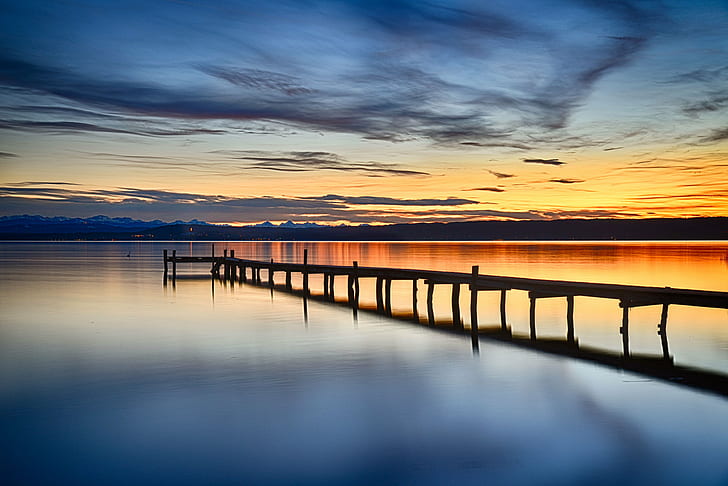 silhouette of sea dock on calm sea under golden sky, Heimat, sky  lake