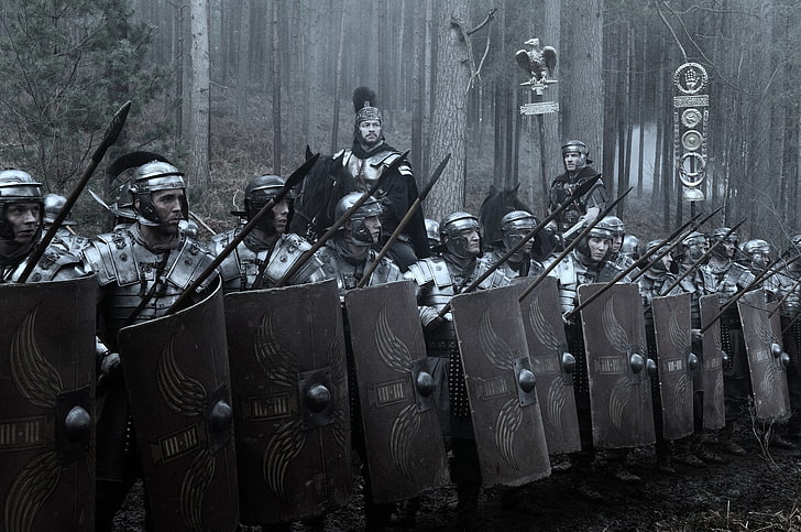 men's gray knight armor, forest, Rome, soldiers, Legionnaires