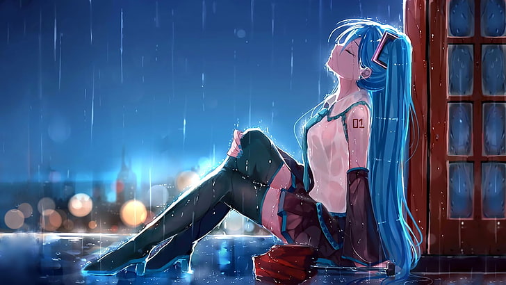 animated schoolgirl feeling the rain wallpaper, anime, anime girls