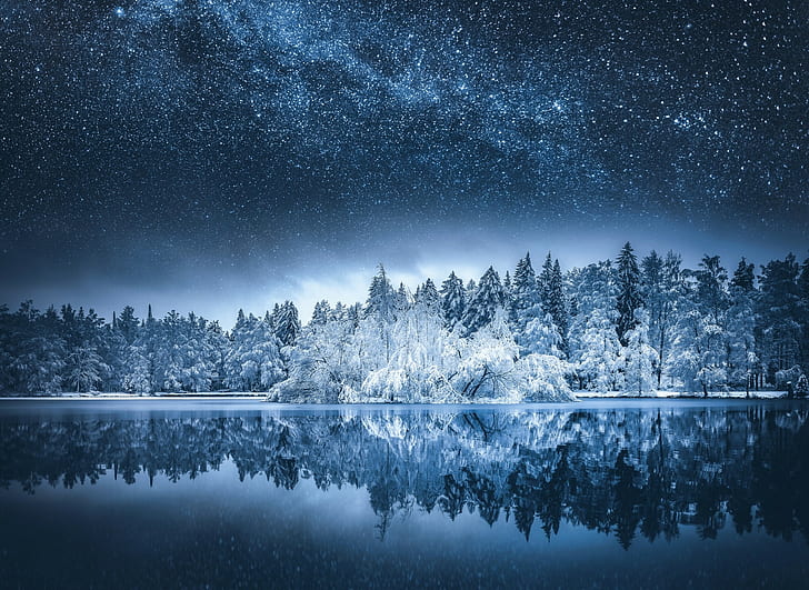 Milky Way, Finland, forest, snow, water, fall, starry night