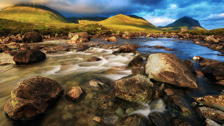 cuillin, isle of skye, rock, creek, brook, glen sligachan, scotland, HD wallpaper