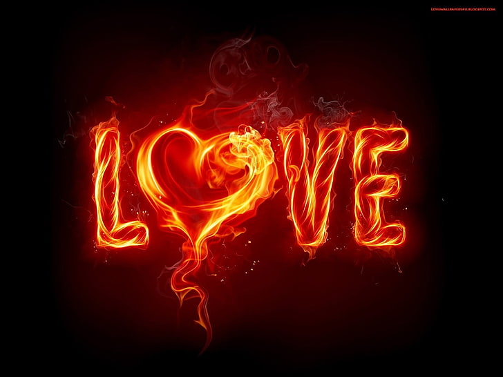 love, fire, typography, red, orange color, no people, heat - temperature, HD wallpaper