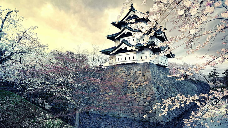 spring, hirosaki park, building, hirosaki castle, landscape, HD wallpaper