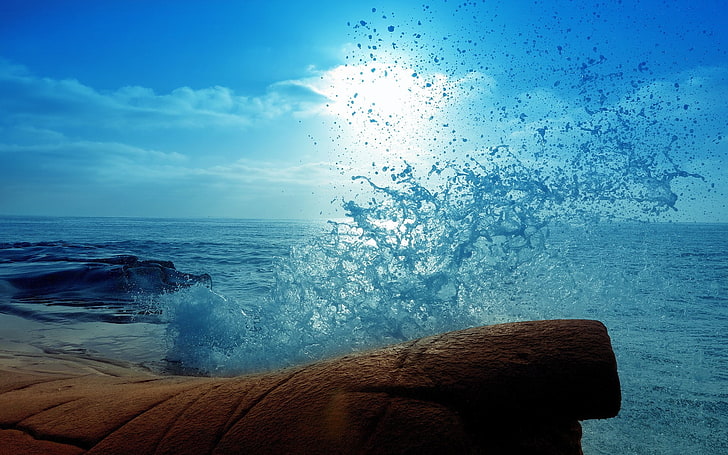 sea, splashes, cyan, water, horizon, Sun, sunlight, sky, horizon over water, HD wallpaper