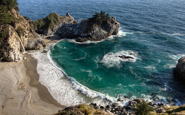 Ocean California, Big Sur, bay, rock, waterfall, Julia Pfeiffer Burns State Park, HD wallpaper