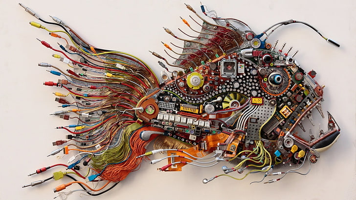red, yellow, and brown fish artwork, assorted-color wires and computer parts shaped into fish decor