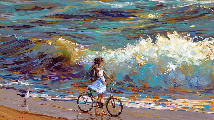 woman riding bike near shore painting, artwork, illustration