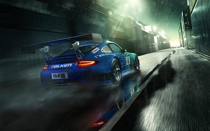 Porsche 911 GT3 blue supercar back view, rain drops, HD wallpaper