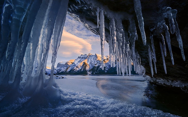 ice shards, cave, mountains, winter, snowy peak, lake, Banff National Park, HD wallpaper