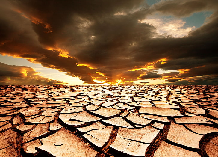 dried soil, drought, earth, cracks, lake, dead, clouds, sky, decline, HD wallpaper