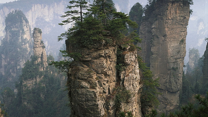 mountain, landscape, nature, rock, trees, China, plant, no people
