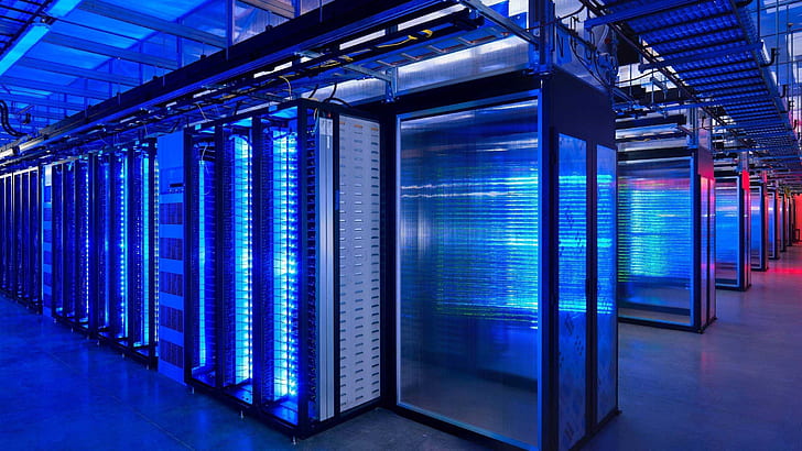 Supercomputer, data center, blue light, HD wallpaper