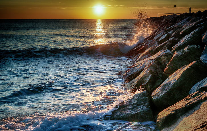 ocean waves near stone fragment during sunset, las, Mar, Barcelona, HD wallpaper