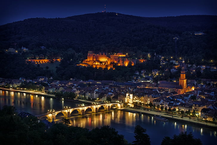 Germany, Heidelberg, Night, Lights, Bridge, River, Reflection
