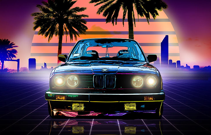 The sun, Music, Neon, BMW, Machine, Boomer, Palm trees, Background, HD wallpaper