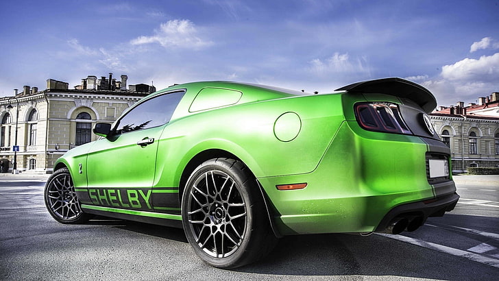 green Ford Cobra Shelby coupe on gray concrete road, car, transportation