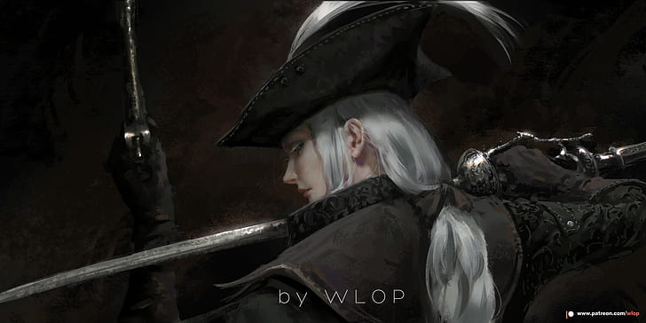 digital art, women, warrior, weapon, sword, white hair, hat