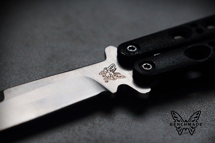 silver and black butterfly knife, benchmade, butterfly knives, HD wallpaper