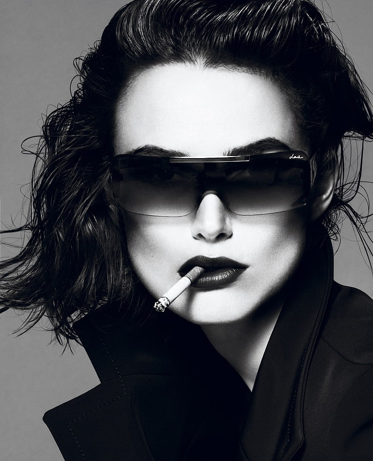Keira Knightley, cigarettes, sunglasses, wet hair, monochrome