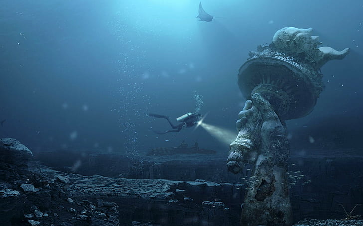 underwater, Statue of Liberty, futuristic, digital art, divers