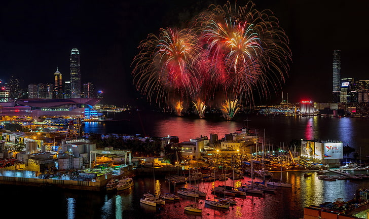 Hong Kong, Victoria Harbour, fireworks, pier, night, yacht, HD wallpaper