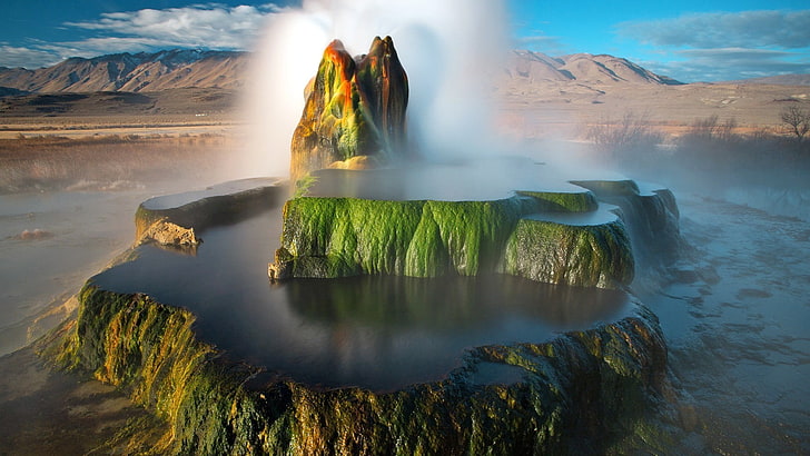 green and brown geyser landmark, nature, landscape, mountains