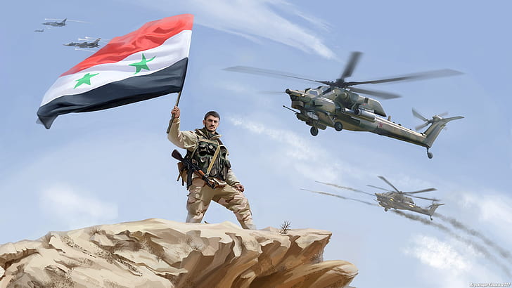 Syria, army, soldier, flag, helicopter, digital art, AK-47