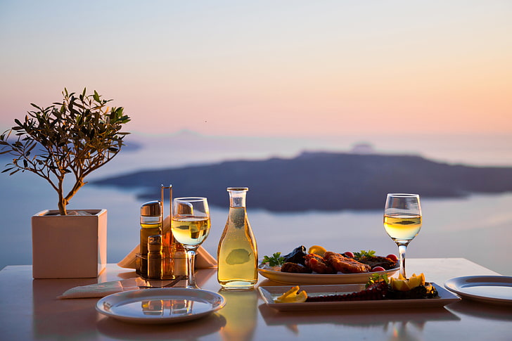 two wine glasses, sea, landscape, table, view, bottle, food, blur