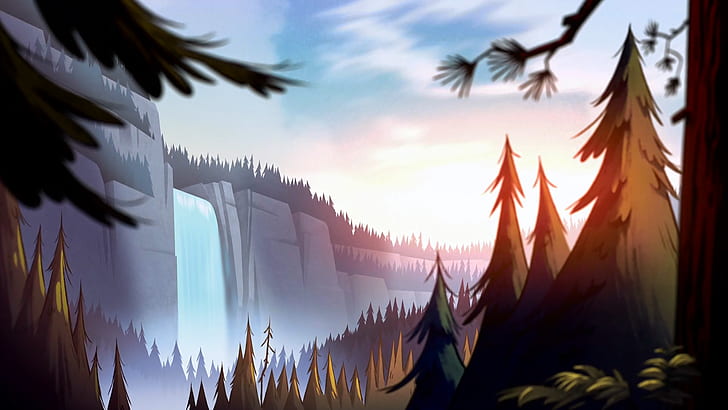 artwork, forest, waterfall, Gravity Falls, HD wallpaper