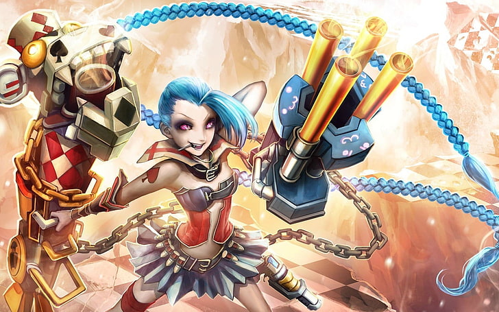 blue haired anime character illustration, Jinx (League of Legends)
