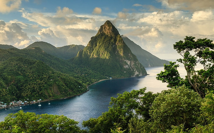 mountains, nature, sky, clouds, Saint Lucia, water, scenics - nature, HD wallpaper